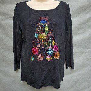 Lucia Burns Holiday Black Sequin Ornament Christmas Tree Festive Shirt Blouse